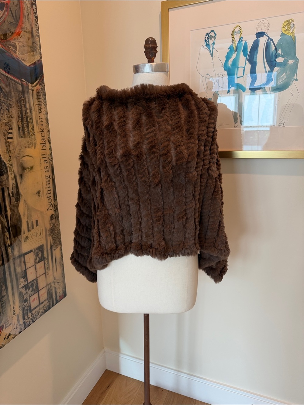 G-III Apparel Vintage Plush Brown Rabbit Fur Poncho